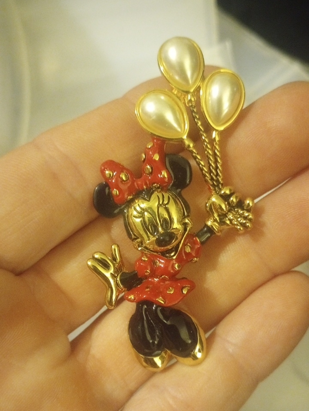 Disney,Napier Minnie Mouse Gold-Tone Enamel Brooch with Red Bow & Pearl Balloons